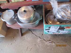 lot 159 image: Large lot of heavy metal cookware and stainless stock pots