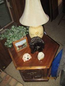 lot 230 image: Decorative hexagon shaped end table with concealed storage underneath, plus lamp and decor on top
