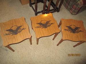 lot 233 image: Set of (3) Vintage short end tables with an American Eagle with spread wings marking