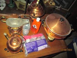 lot 235 image: Collection of decorative copper tone open flame cookware with liquid fuel and tea-light candles