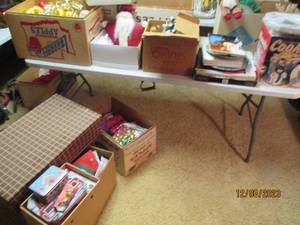 lot 272 image: Huge lot of Vintage to modern day Christmas ornaments, decor and gift wrapping supplies