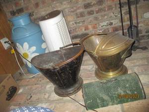 lot 2 image: Assortment of Metal fireplace tools, wood and coal buckets plus painted metal milk can and air purifier