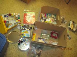 lot 7 image: Multi-box lot of assorted sewing notions and other household supplies.