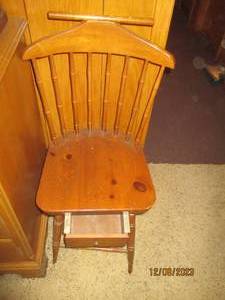 lot 9 image: Super Nifty vintage Wood Spindle back chair with pull-out drawer under the seat and some contraption across the backs top (Possibly drying area or coat hanger)