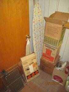 lot 10 image: Corner lot containing multiple 12-36 cup coffee makers, metal camping grid and rod plus cleaning buckets with supplies