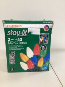 lot 105 image: Open Box 2 Pack SYLVANIA Stay-Lit Platinum LED C9 String Lights, 2 Sets of 50 bulbs  32.6 Each, Indoor  Outdoor