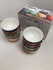 lot 52 image: Trudeau 10 Piece Set Multicolor Porcelain 4.5 Small Soup Salad Bowls Blue Green Yellow Red.