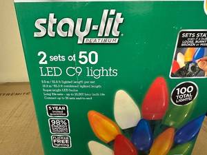 lot 103 image: New 2 Pack SYLVANIA Stay-Lit Platinum LED C9 String Lights, 2 Sets of 50 bulbs  32.6 Each, Indoor  Outdoor