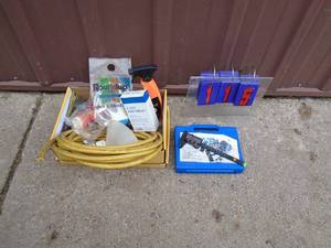 lot 115 image: Flat of chemicals, digital working caliper & tire repair. As shown.