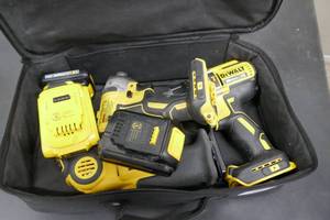 lot 2 image: Two 20V Dewalt drills and a 12V reciprocating saw with batteries