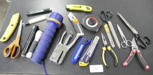 lot 14 image: lot of misc garage tools, scissors, box cutters, flashlights, needle nose, tape, etc