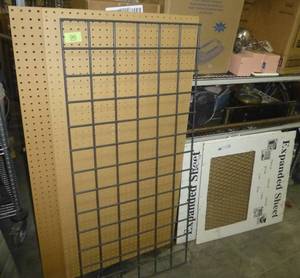 lot 96 image: garage organizer 2 pegboard sheets and 2 expanded metal 24x24 sheets and heavier gage sheet