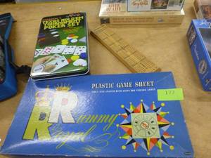 lot 172 image: Texas Holdem poker set, table size rummy royal, cribbage board