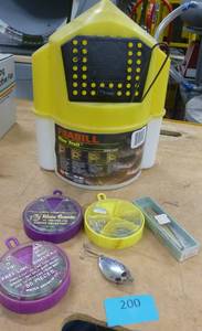 lot 200 image: minnow bucket, weights a Red eye and a rapala