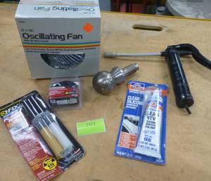 lot 201 image: misc garage RV stuff - fan, epoxy, wiring, ball, grease gun