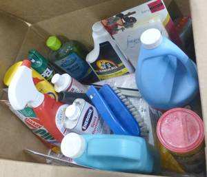 lot 245 image: box of cleaner, fabric softner, armor all, bug spray, soap