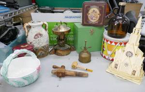 lot 276 image: vintage items, barrel tap, pipe, plant spritzer, musical church, 45rpm record box, tin carousel music box
