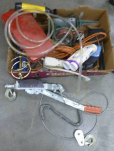 lot 326 image: Box of garage goodies and a come-a-long