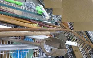 lot 251 image: Shelf of stuff - Mop, digger, hoe, rake, spear