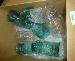 lot 244 image: group of vintage canning jars with glass caps