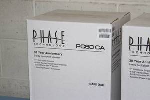 lot 6 image: New in Box PAIR of Phase Technology PhaseTech PC60 CA Classic Audiophile Bookshelf Loudspeakers  Speakers - Oak Finish
