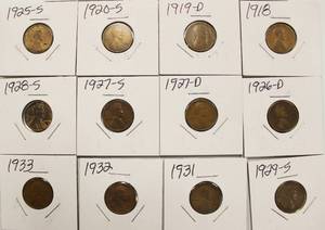 15 Semi Key Date Wheat Back Pennies, 1910 - 1933