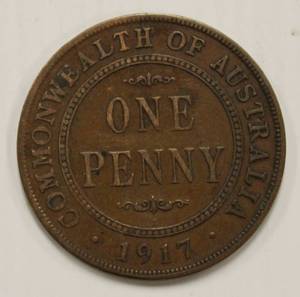 1917 One Penny Commonwealth Of Australia King George V Large Bronze Coin