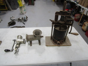lot 135 image: Vintage Sausage Stuffer & Meat Grinders
