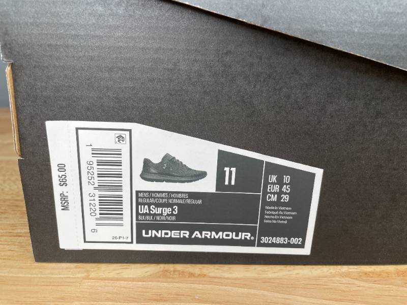 Brand New Under Armour UA Surge 3 Black Athletic Shoes Mens 11 X