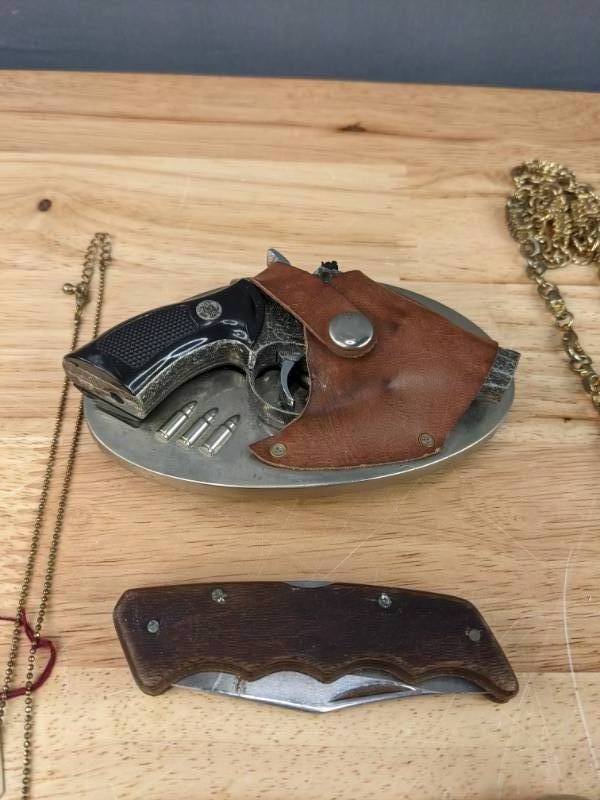 Assorted Hip Hop Pendants Jewelry, Necklaces, Pocket Knife, Belt Buckle, and More K