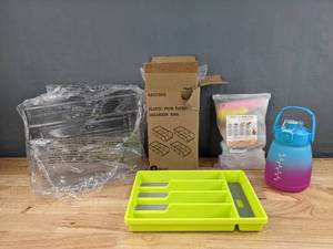 Small Organizing Bins, Honey Bear Straw Cups, Silverware Organizer, and Large Water Bottle Q