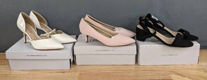3 Pairs of Womens Dream Pair White Pearl Straps Pointed Toe Size 9 Stiletto Heel Pumps, New Black Suede Open Toe Ankle Strap Low Heel Size 9.5 Sandals and New Pink Suede Kitten Heel Pointed Toe Size 8.5 Pumps Q