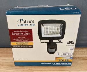 New Opened Box of Patriot Lighting Solar LED Motion Activated Outdoor Security Light, Black S
