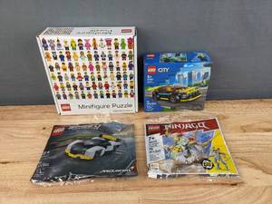 New Lego Minifigure Puzzle and 3 New Lego Sets Lego City Electric Sports Car, Ninjago Ice Dragon Creature, Speed Champions McLaren Solus GT Race Car I