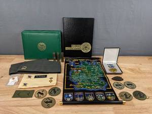 Assorted Army Items - Camouflage Face Paint, Patches, Diploma Holder, Achievement Medal, and more Z