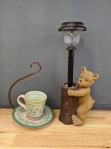 Outdoor Decor Brown Bear Statue Solar Light and Hanging Cup and Saucer S