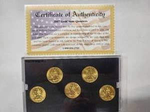 lot 4 image: 2007 24 K Gold Plated State Quarter  Collection - 5 coins