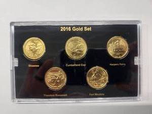 lot 8 image: 2016 America the Beautiful Mint Quarter Collection - Gold Layered Edition - 5 coins