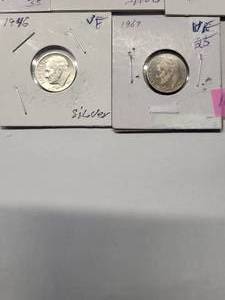 lot 109 image: 1967 Roosevelt Dime Very Fine, 1957 Roosevelt Dime Very Fine, 1946 Roosevelt Dime Very Fine, 1964 Roosevelt Dime Almost Uncirculated (1957, 1946, 1964 (0% Silver) and 1944 Wartime Nickel Very Fine Silver 40%