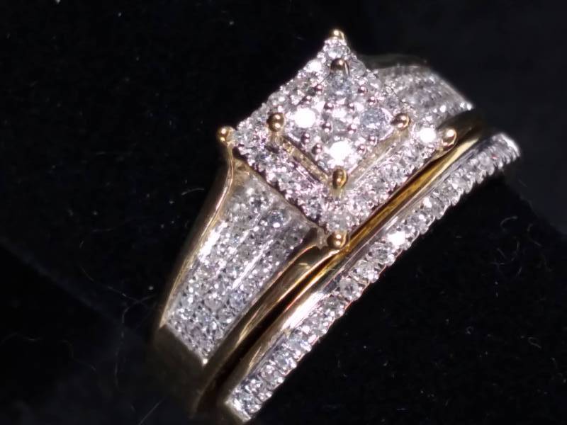 lot 464 image: NEW Promise of Love 10K Gold 13 ct tw Diamond Pave 3-Row Square Halo Bridal Set Size 8