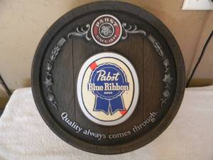 lot 3 image: VINTAGE PABST BLUE RIBBON BEER BARREL STYLE SIGN - NICE - GREAT PIECE - GREAT CHRISTMAS GIFT - APPROX 16 SEE PICTURES