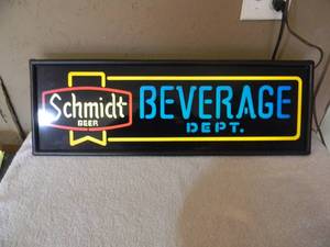lot 10 image: VINTAGE SCHMIDT BEER BEVERAGE DEPT. LIGHTED SIGN - WORKS - NICE - FANTASTIC PIECE - GREAT CHRISTMAS GIFT - APPROX 30 By 11 - SEE PICTURES