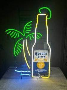 lot 6 image: VINTAGE CORONA EXTRA BOTTLE PALM TREE NEON LIGHT - NICE - WORKS - FANTASTIC PIECE - GREAT CHRISTMAS GIFT - APPROX 23 By 34 - SEE PICTURES