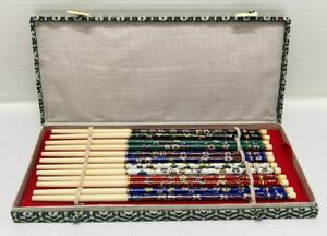 Vintage Chinese Cloisonne Flower Chopsticks 6 Pair In Original Box
