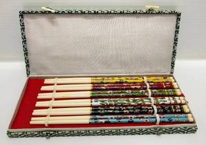 Vintage Chinese Cloisonne Flower Chopsticks 6 Pair In Original Box