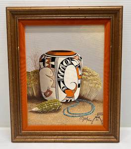 Jackie Black Original Painting (Signed) On Canvas Board Framed 14 34 x 18 Titled Hopi Pottery