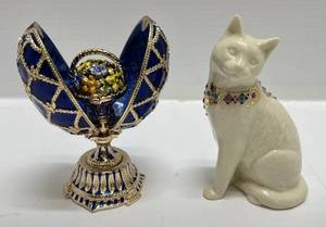 Vintage Faberge Egg Trinket Box With Removable Flower Basket 4 34 & Vintage Lenox Jeweled Cat 5T x 3W x 2D