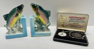 Vintage Fish Bookends & 1974 Ben Franklin Bicentennial Pocket Watch Set