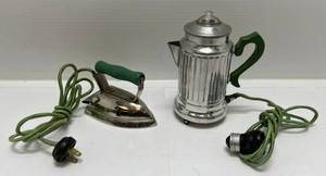 Vintage Kids Toy Electric Iron And Kids Miniature Light Socket Coffee Pot