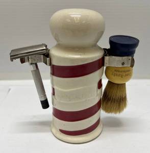 1960s Vintage Barber Pole Razor Bank Holder With Vintage Razor & Shaving Brush (Crazing Throughout)